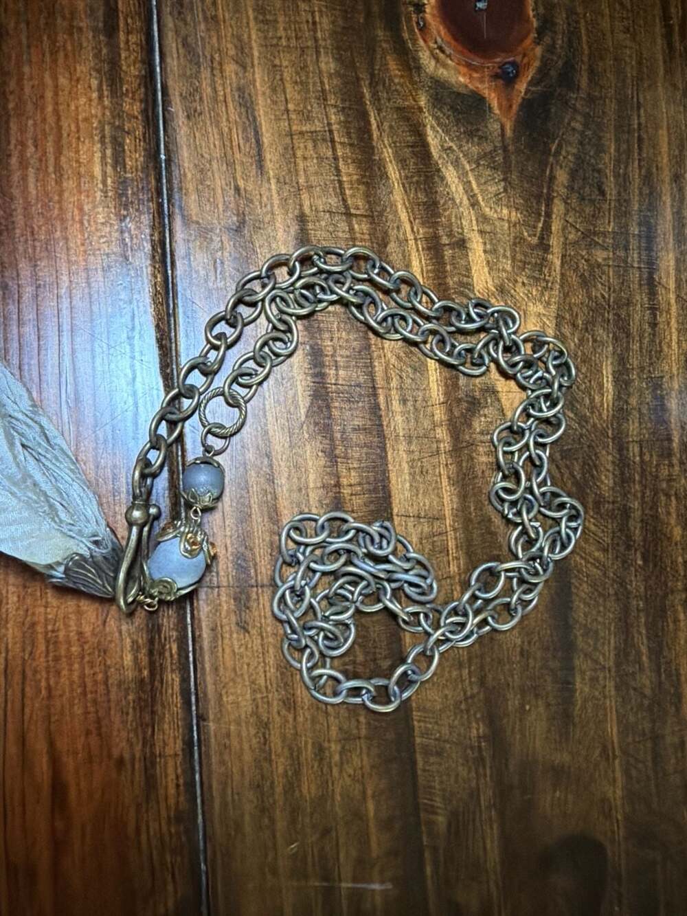 Boho Bronze Chain Tassel Necklace with Silk Ribbon and Blue Beads